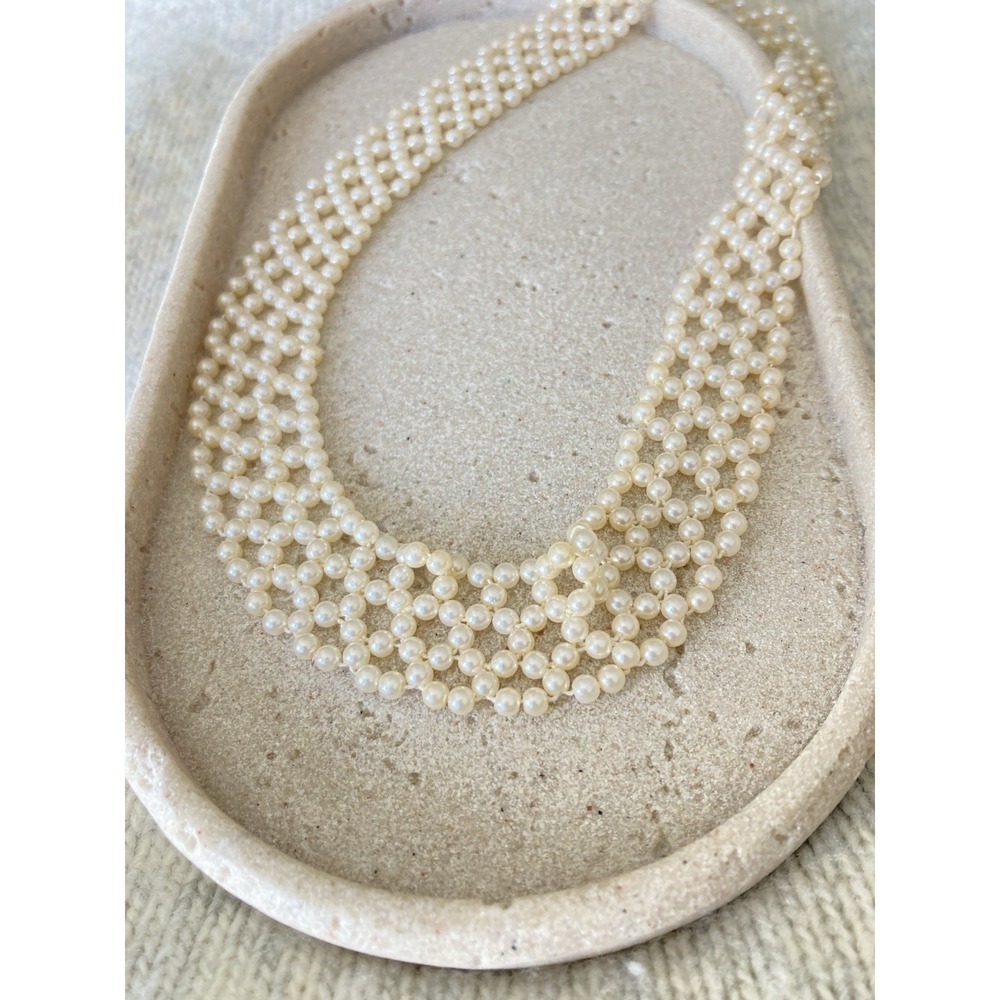 Faux Pearl Multi Strand Bib Necklace Woven Collar Vintage Romantic Cream Stretch